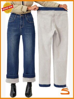 Fleece Lined Baggy Wide Leg Jeans Winter Thermal Denim Pants